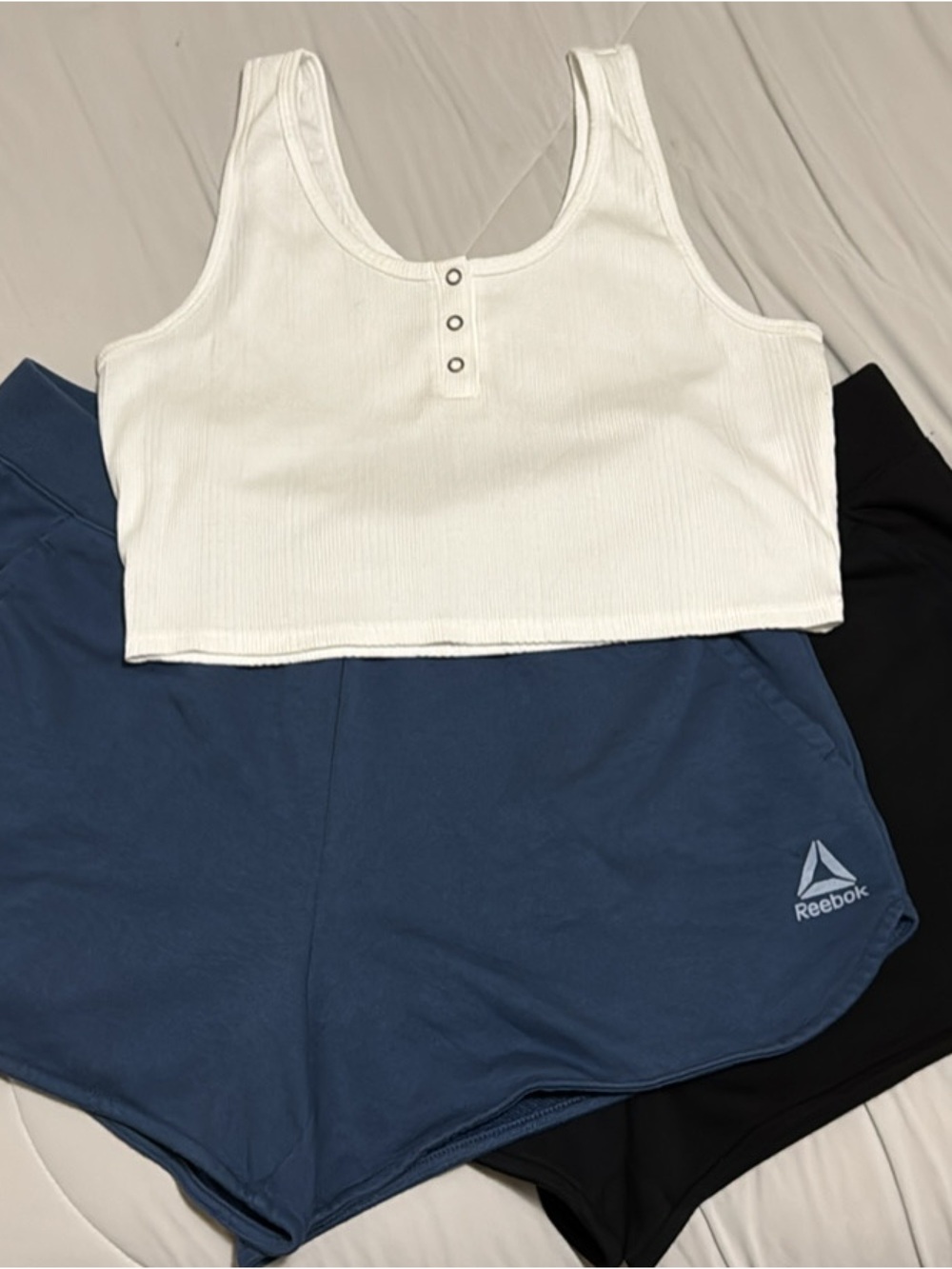 Reebok shorts & White Ribbed Crop Tank with Front Snaps